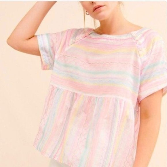 Anthropologie Letty Neon Embroidered Babydoll  Button Stitched Cotton Peplum Top - Picture 1 of 9